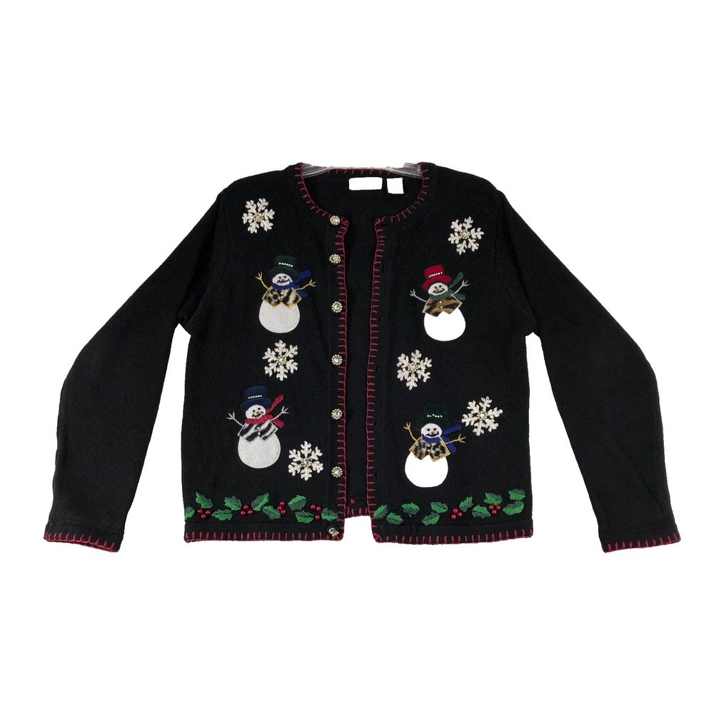 B.P. Design Cardigan Sweater Women's Medium Black Christmas Holiday Snowman‎
